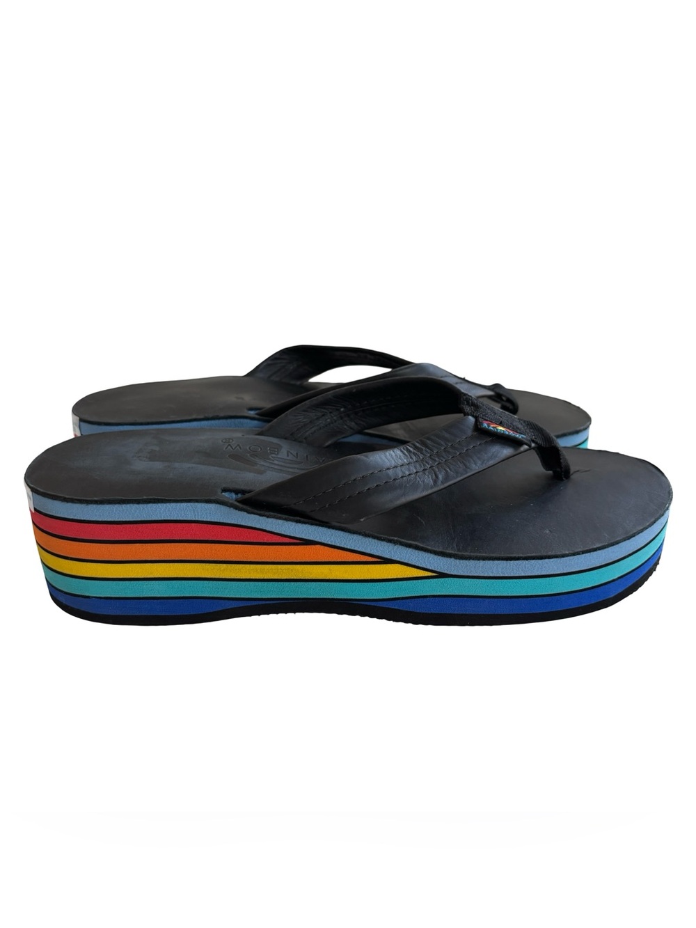 Rainbow Sandals Black Leather Flip Flop with Rainbow Trim XL 8.5-9.5